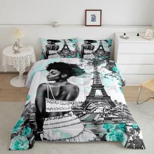 Erosebridal Комплект постельного белья Paris Eiffel Tower с цветочным узором в стиле французского шика, Grey and Teal