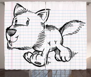 Штора ABAKUHAUS в деревенском стиле с каракулями, с рисунком щенка, присборенная штора для спальни с петлями и крючками, 280 x 225 см, цвет: черный, бледно-голубой, розовый Abakuhaus