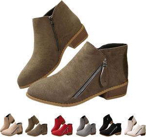 Женские комфортные ботильоны для ходьбы - низкий каблук, застежка-молния, ортопедическая поддержка свода, ботильоны с зауженным носком и грубым низким каблуком из замши Generic, Green