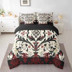 Erosebridal Комплект постельного белья Boho Paisley Gothic Style для взрослых в черно-красной дамасской расцветке с элегантным винтажным богемным дизайном, Red Signal Black