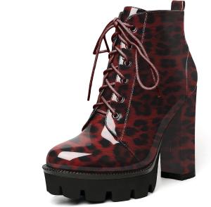 Женские ботильоны на платформе Esvowido с круглым носком, шнуровкой, грубой высокообъемной подошвой, боковой молнией и мехом, короткие ботинки на высоком каблуке, Leopard Red