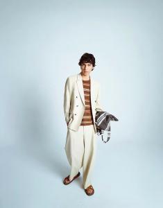 Двубортный блейзер из льняной смеси цвета «камень» Topman