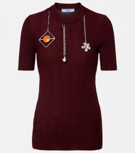 Футболка из мериносовой шерсти с декоративной вязкой Prada, Burgundy