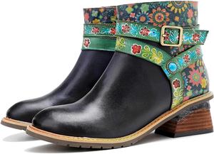 Винтажные ботильоны с цветочным принтом, пряжками, массивным деревянным каблуком, молнией, для повседневного комфорта в бохо-стиле LITNERMIA, Yly22092102 Blue