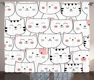 Штора ABAKUHAUS Кошка в деревенском стиле, забавные котята, универсальные ленточные шторы для гостиной с петлями и крючками, 280 x 225 см, цвет: розовый, угольно-серый и белый Abakuhaus