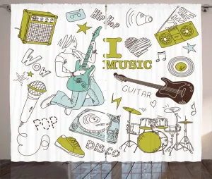 Штора в деревенском стиле Поп-звезда вечеринки от ABAKUHAUS, эскиз Любовная музыка, присборенная штора для спальни с петлями и крючками, 280 x 245 см, цвет хаки, бледно-голубой, коричневый Abakuhaus