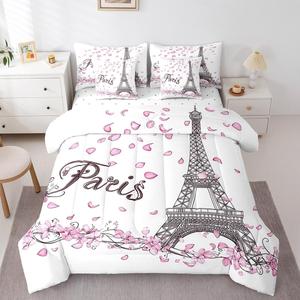 Erosebridal Комплект постельного белья Romance Paris с розовым принтом Эйфелевой башни в современном французском стиле, Pink White