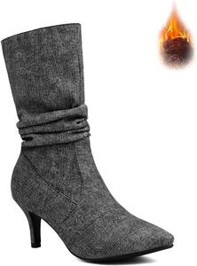 Женские джинсовые ботильоны на каблуке-кисет, средней высоты, до икры, модные, с заостренным носком, высокой обувной частью, плиссированным каблуком-шпилькой, легкие, повседневные, замшевые, теплые, для офиса HDFDB, Black [Plus Velvet]