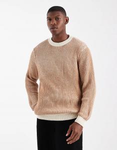 Свободный трикотажный джемпер ASOS DESIGN с отделкой в ​​рубчик и круглым вырезом в цвете «песок»