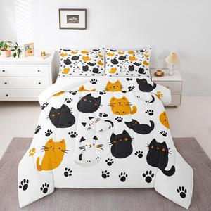Erosebridal Комплект постельного белья Kawaii Cats с мультяшными котиками из микрофибры, милый принт с кошками и следами, Black White Orange
