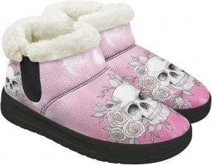 Женские зимние снежные ботинки на открытом воздухе с широким носком, теплой меховой подкладкой, модные ботинки средней высоты с противоскользящей подошвой Chririnla, Fashion Skull Rose