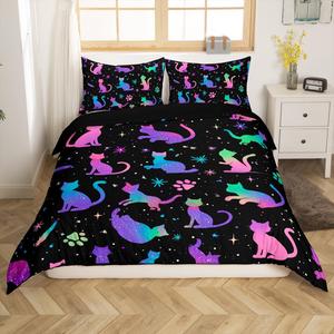 Erosebridal Комплект постельного белья Kawaii Cat с милыми котиками, радужным принтом, блестками и разноцветными лапками, черный реверсивный, Cute Cat 42