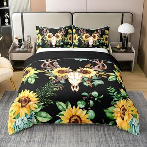 Erosebridal Комплект постельного белья Antler из 100% хлопка с принтом оленьего черепа и подсолнухов в стиле бохо-винтаж, Multi 06