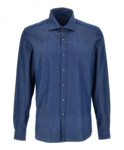 Синяя джинсовая рубашка с французским воротником Fay, синий