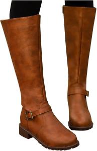 Женские сапоги ZBYY выше колена с широким голенищем, мягкой посадкой, круглым носком, зимние сапоги из искусственной кожи с пряжкой, низким каблуком, наезднические и боевые ботильоны, 10.5 Yellow