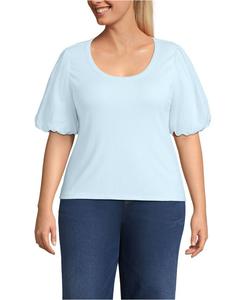 Женская блузка больших размеров в рубчик с пышными рукавами и круглым вырезом Lands' End, Soft ice blue