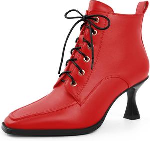 Женские ботильоны с квадратным носком, каблук 7 см, регулируемая шнуровка, боковая молния, короткие сапоги Jaffamiraco, Rot, Matt