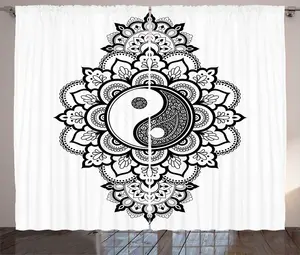 Штора ABAKUHAUS в этническом деревенском стиле с мотивами Инь-Ян и Востока, присборенная тесьма для спальни с петлями и крючками, 280 x 225 см, цвет: антрацитовый серый и белый Abakuhaus