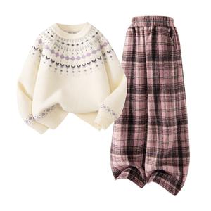 Детская повседневная спортивная одежда Disney, [Thickened And Fleece-Lined]Solid Color Ivory+Solid Color Pink Plaid