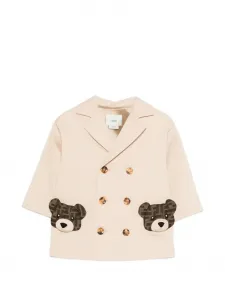 Двубортный жакет с аппликацией в виде медведя Fendi Kids, бежевый