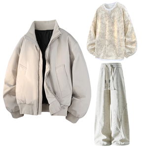 Повседневная спортивная одежда унисекс с воротником стойкой утепленная X1617, светло-серый top+хаки sweatshirt+бежевый pants