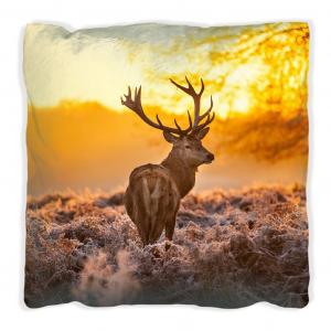 Подушка Wallario Premium, мягкая поверхность, с мотивом величественного оленя на рассвете, размер: 40 х 40 см, с белой спинкой