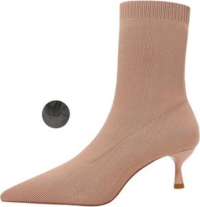 Женские вязаные ботильоны с заостренным носком, удобные эластичные, на каблуке-стилет, подходящие для офиса и деловой одежды ZUYIYIA, Apricot-1.97In Fleece