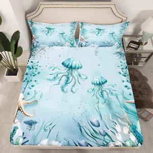 Erosebridal Комплект постельного белья Jellyfish с принтом морских обитателей в бирюзовых тонах, Cyan Light Blue Light Beige