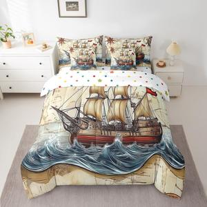 Erosebridal Комплект постельного белья Sailboat с морским принтом и полосками в навигационной тематике, Dark Blue Ivory