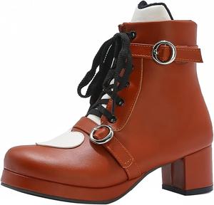 Женские ботильоны VOKLIN в стиле Лолита для косплея, с высокой шнуровкой, круглым носком и массивным каблуком средней высоты, короткие ботинки для платья, Tan Brown-Velvet Lined