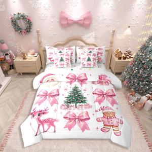 Erosebridal Комплект постельного белья Pink Bow Christmas с рождественским принтом в розовых тонах, Pink Green White