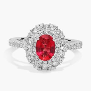 Кольцо с овальным рубином и двойным бриллиантовым ореолом из 14-каратного белого золота (7x5 мм) Blue Nile