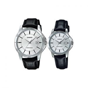 Часы LTP кварцевый механизм натуральная кожа/натуральная кожа/тканевый ремешок унисекс серебристый циферблат CASIO, черный Strap+черный Strap (Matching Pairs)