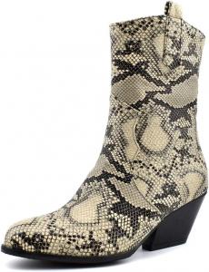 Женские ковбойские ботинки VOKLIN в западном стиле Челси на щиколотку с круглым носком, на толстом среднем каблуке, для верховой езды, Beige/Serpentine Print