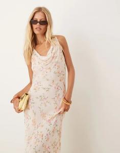 Платье миди Mango с воротником-хомутиком и бледно-розовым цветочным принтом