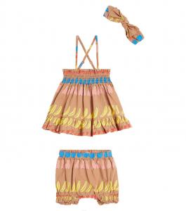 Комплект из хлопкового платья Baby Fruit, панталон и повязки на голову Jellymallow, бежевый