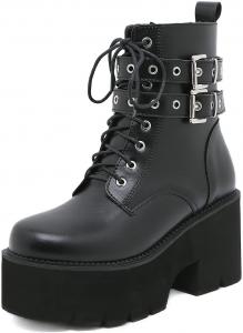 WOkismD Женские ботильоны на платформе с металлической пряжкой, шнуровкой и молнией, массивный каблук, черные боевые ботильоны, модные байкерские готические сапоги из искусственной кожи до середины голени