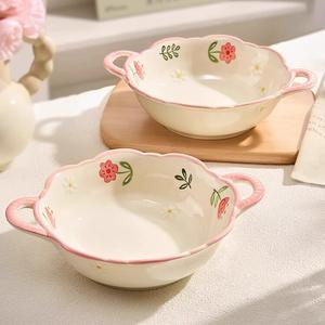 Ceramics Стильная суповая миска с двумя ручками и подглазурным декором, для личного использования, подходит для лаомифэнь и салатов, керамическая, домашняя модель 2025, 6-дюймовая лапшница — набор из 2 штук