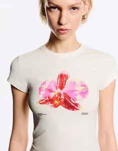 Футболка Bershka с коротким рукавом и принтом розового цвета - РОЗОВЫЙ