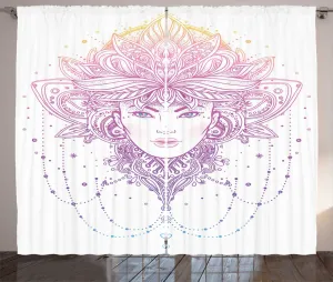 Штора ABAKUHAUS Bohemian Rustic, Девушка в цветочном венке, универсальная ленточная штора для гостиной с петлями и крючками, 280 x 225 см, цвет: фиолетовый, горчичный, белый Abakuhaus