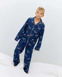 Детская пижама длинная с пуговицами, вязаная, с принтом зебры Cotton Juice, синий