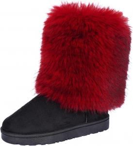 Женские ботинки из искусственного меха, круглый носок, замшевые, зимние сапоги средней длины до икры, теплые зимние плоские короткие ботинки для улицы ZJWBB, Wine Red