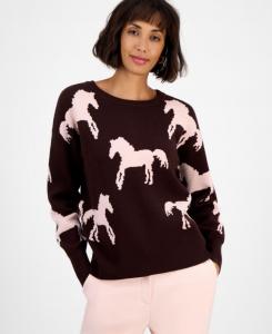 Женский свитер с длинными рукавами и круглым вырезом, с принтом под лошадь T Tahari, Espresso Bean/stone Pink
