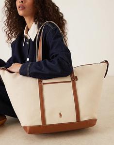 Большая холщовая сумка-тоут Polo Ralph Lauren в экрю и бежевом цветах