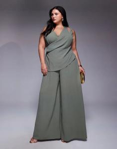 Комбинезон с широкими штанинами и несколькими лямками ASOS DESIGN Curve оливково-зеленого цвета