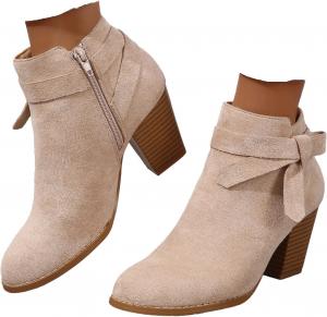 Женские ботильоны на низком и среднем массивном каблуке, с круглым носком, из замши, вестерн-стиль, с боковой молнией, Челси Generic, Beige