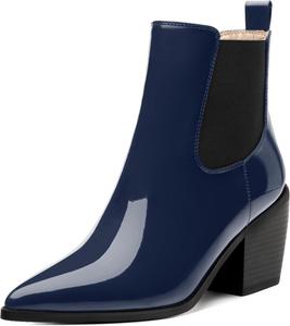 Женские ботильоны FEMSTEP Челси с эластичной вставкой, заостренным носком и высоким устойчивым каблуком, удобные лакированные ботинки на осень для вечеринок, шопинга и свиданий, Navy Blue