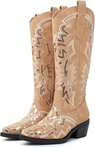 Женские ковбойские сапоги Классические вышитые пайетками сапоги до середины голени с массивным каблуком и заостренным носком Gemialle, Brown