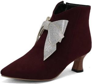 Женские замшевые ботильоны с острым носком, невысоким каблуком, боковой молнией, кристаллами и бантом, элегантные кожаные ботинки для офиса, свиданий и вечеринок ZQW, Wine Red