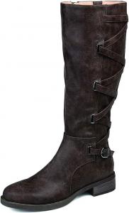 Женские сапоги FSJ с закругленным носком для верховой езды, до колена, с широкой голенью, на массивном низком каблуке, длинные сапоги с боковой молнией, зимние нарядные ботинки с перекрестными ремешками сзади, размеры США 4-15, Taupe Brown